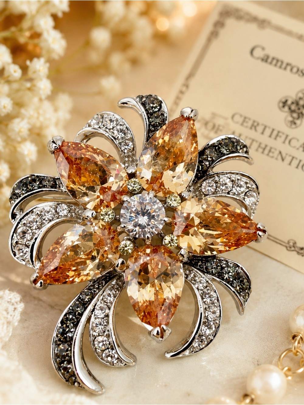 Camrose & Kross JBK Jackie Kennedy Champagne Crystal Floral Brooch Pin COA Vtge